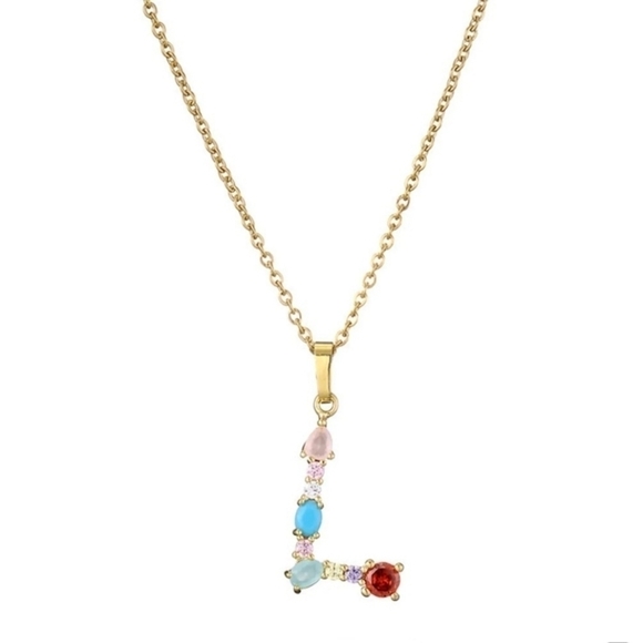 L Letter Pendant Necklace Multi-color Rhinestones Gold Tone Chain - Picture 13 of 16